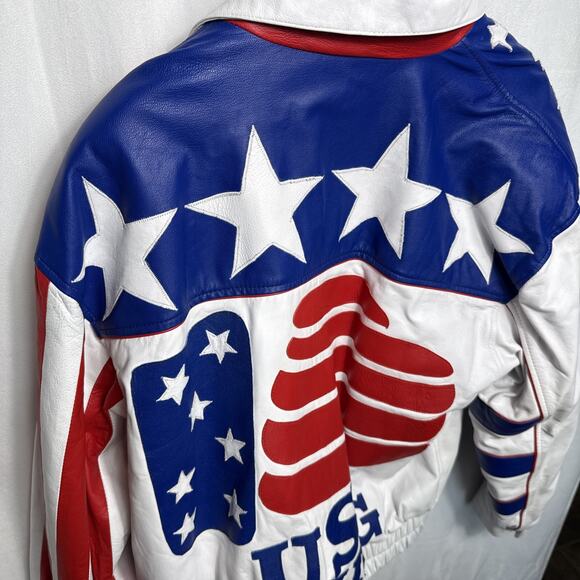 Vintage USA Boxing Leather Bomber Jacket Men's Size L Red White Blue Ringside KS - Picture 13 of 14